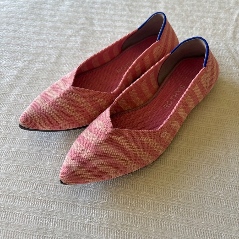 Rothys The Point Pink Stripe Knit Pointed Toe Flats Shoes Womens 9